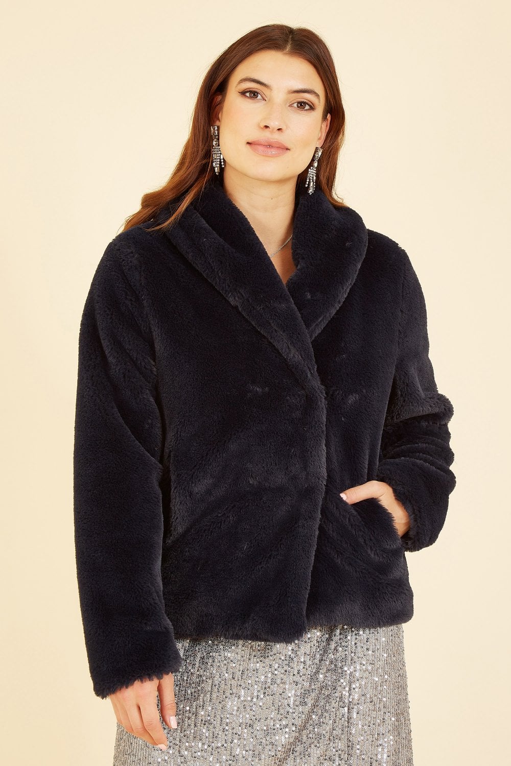 Yumi Black Short Wrap Faux Fur Coat Yumi