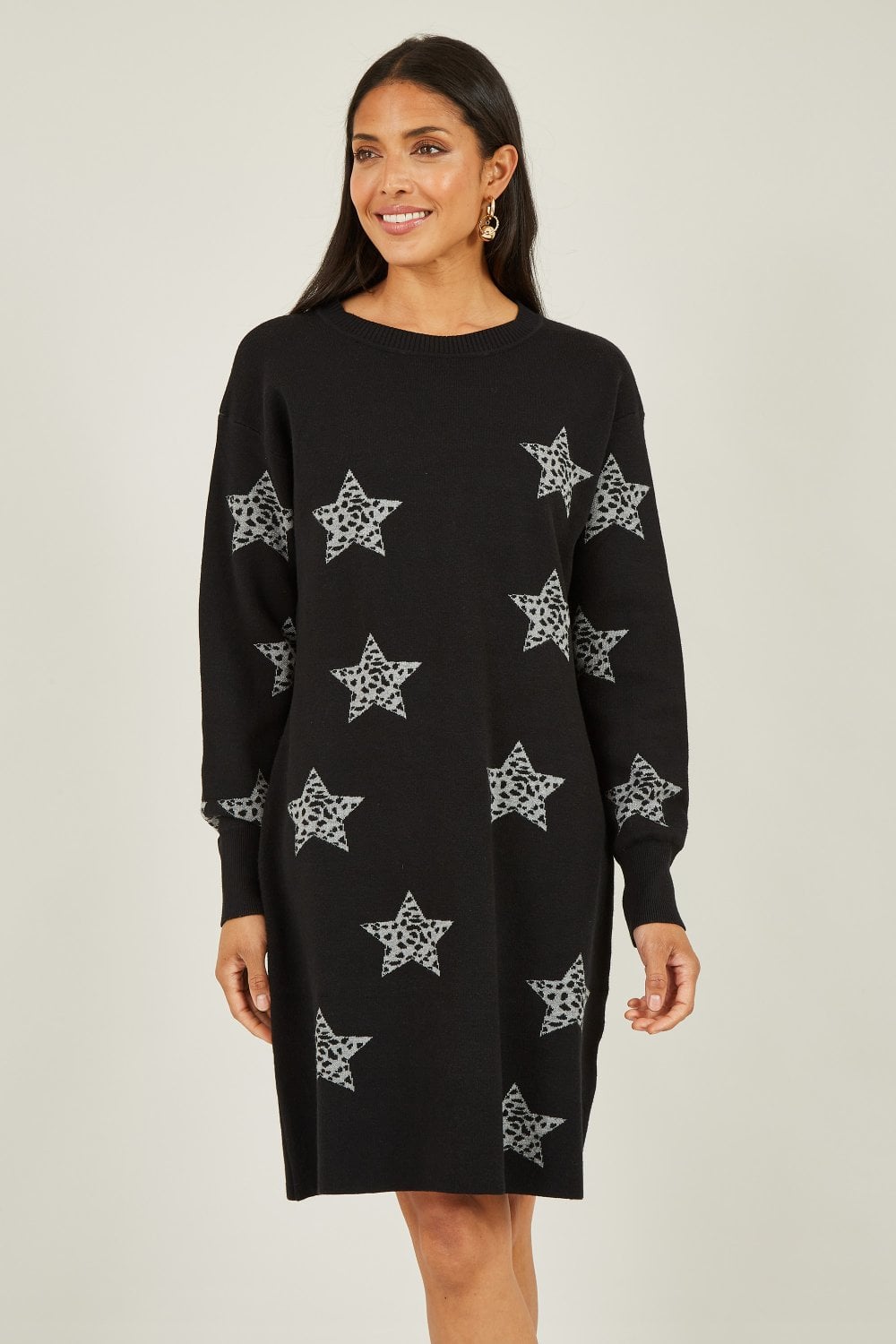 Yumi Black Star Print Relaxed Fit Tunic Dress Yumi