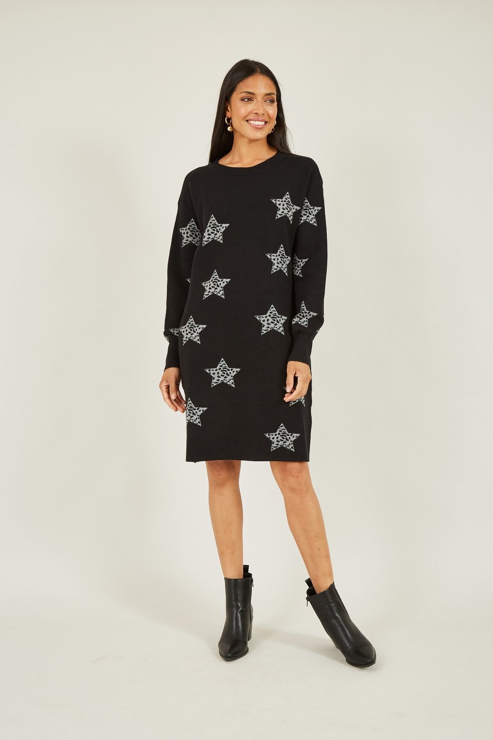 Yumi Black Star Print Relaxed Fit Tunic Dress Yumi