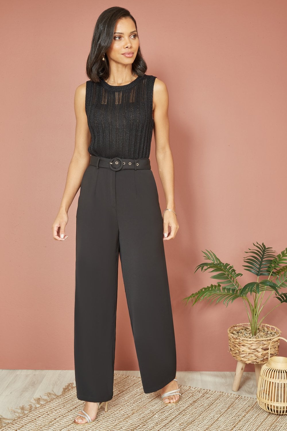 Yumi Black Straight Leg Crepe Trousers With Belt Yumi