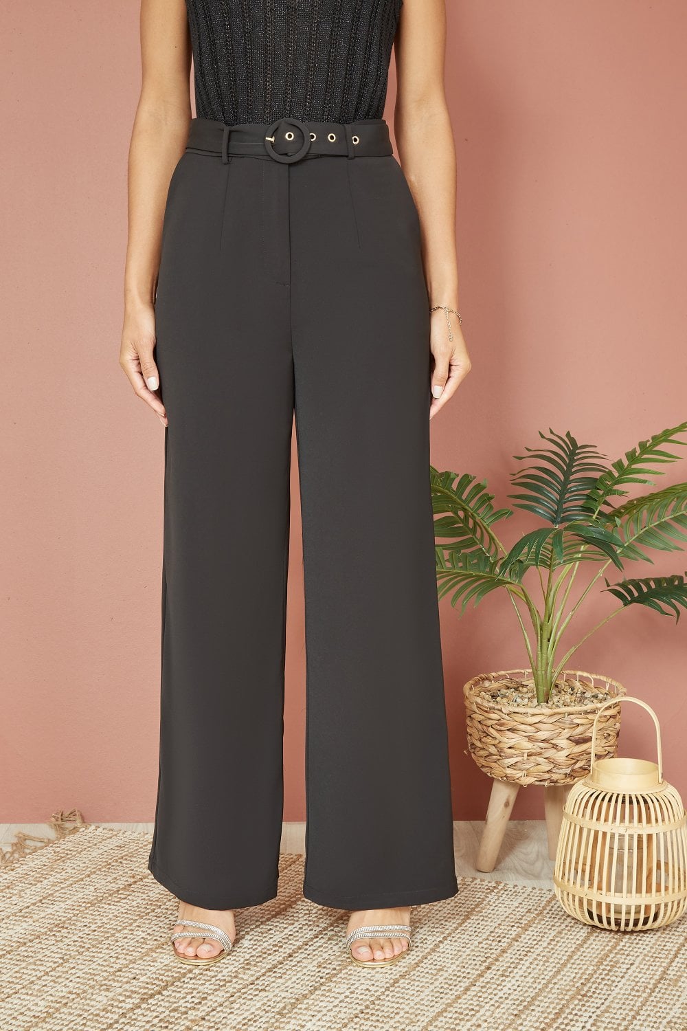 Yumi Black Straight Leg Crepe Trousers With Belt Yumi