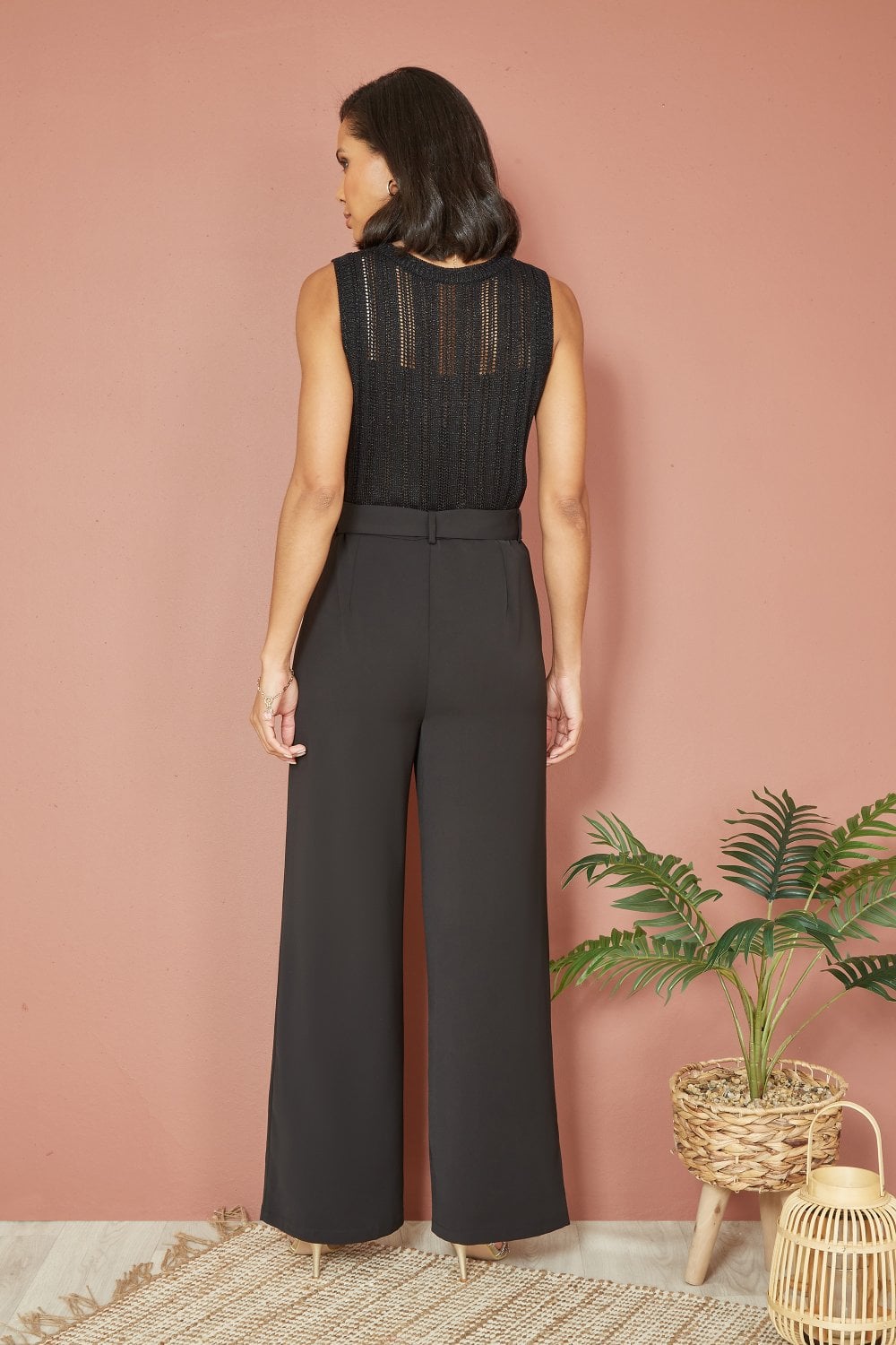 Yumi Black Straight Leg Crepe Trousers With Belt Yumi