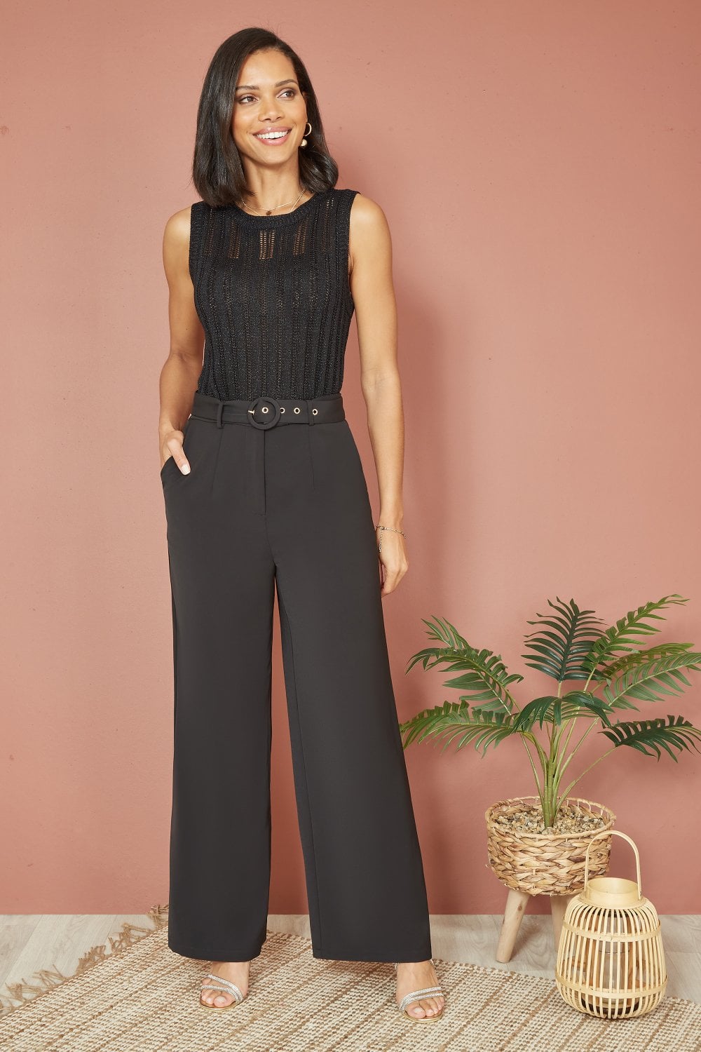 Yumi Black Straight Leg Crepe Trousers With Belt Yumi