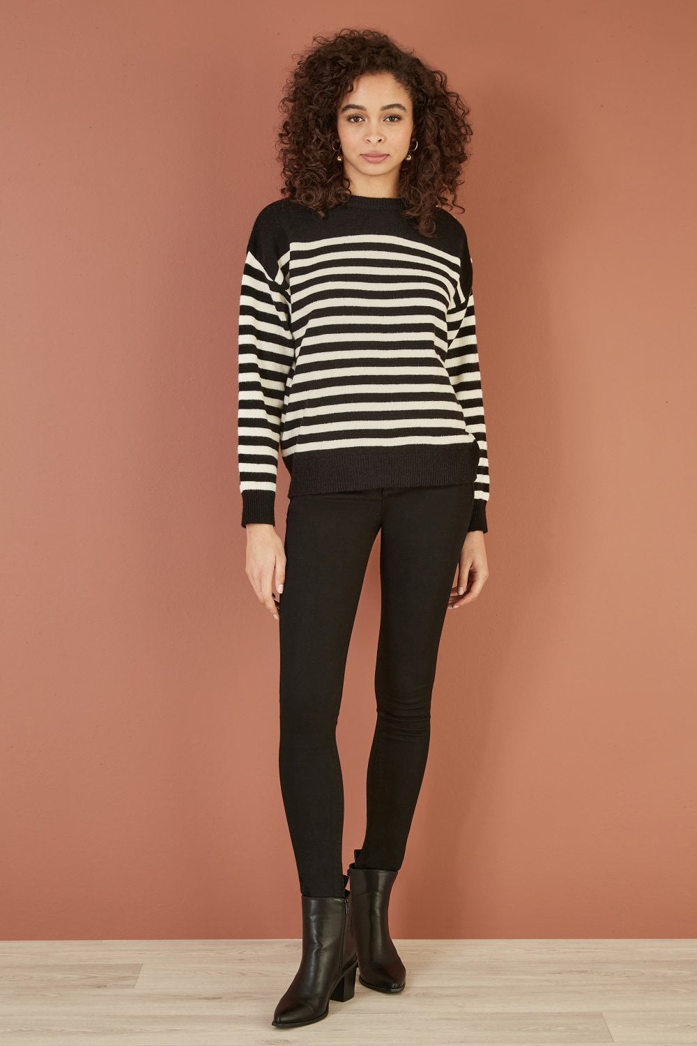 Yumi Black Stripe Knitted Relaxed Jumper With Button Details Yumi