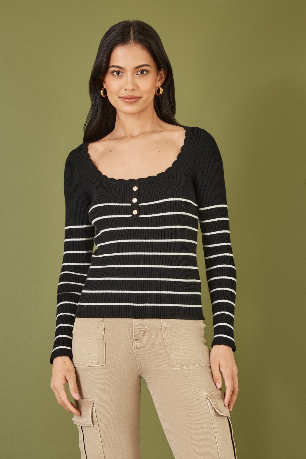 Yumi Black Stripe Rib Knitted Long Sleeve Top With Button Details Yumi