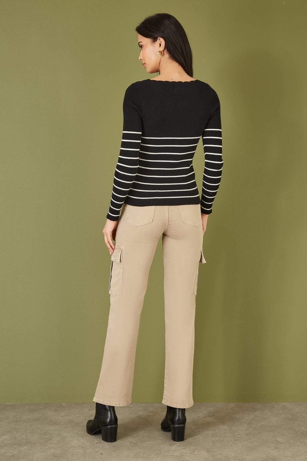 Yumi Black Stripe Rib Knitted Long Sleeve Top With Button Details Yumi