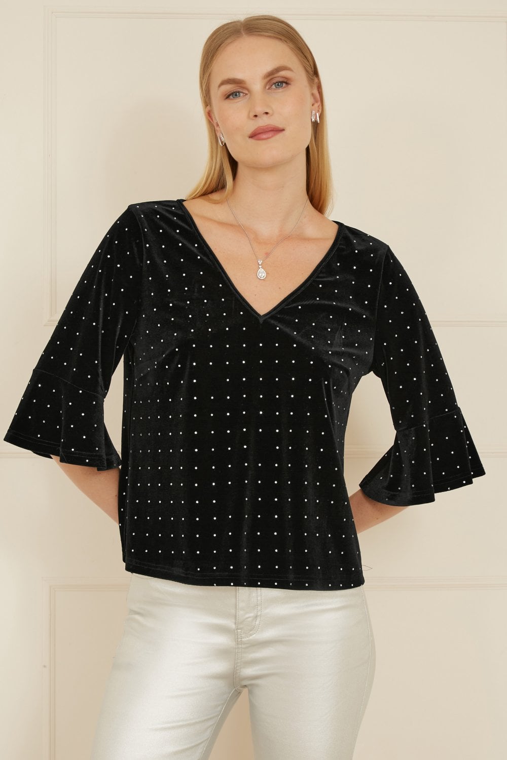 Yumi Black Stud Velvet Relaxed Fit Top With Fluted Sleeves Yumi