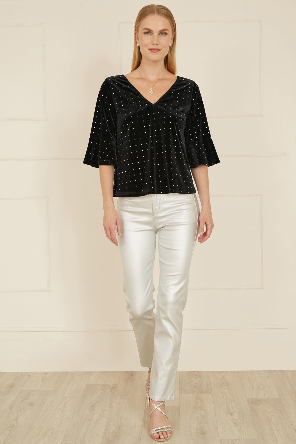 Yumi Black Stud Velvet Relaxed Fit Top With Fluted Sleeves Yumi