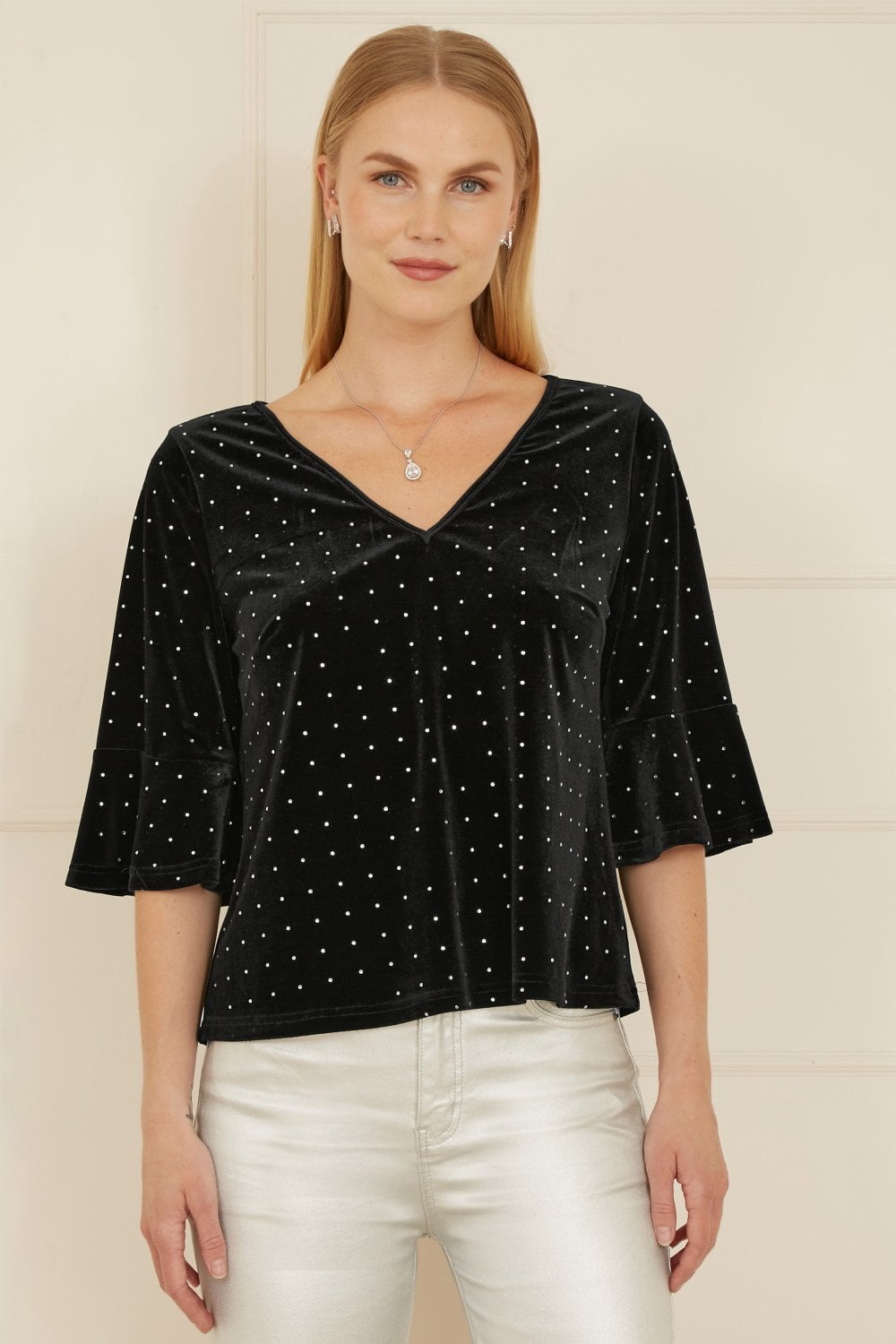 Yumi Black Stud Velvet Relaxed Fit Top With Fluted Sleeves Yumi