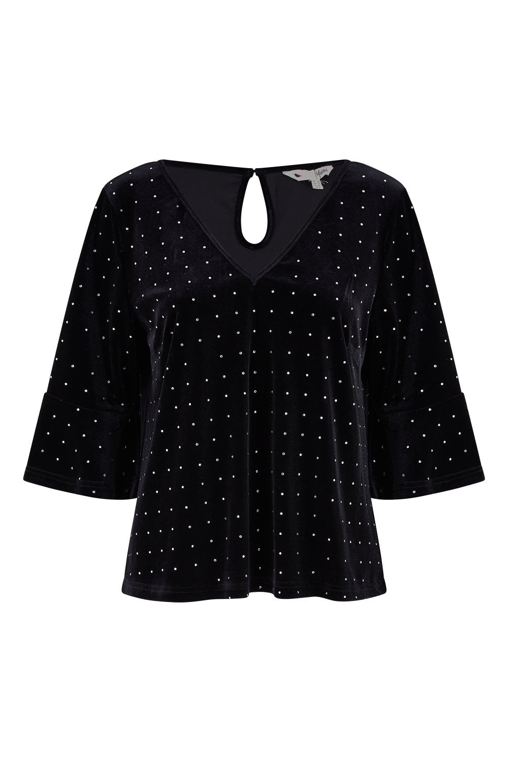 Yumi Black Stud Velvet Relaxed Fit Top With Fluted Sleeves Yumi