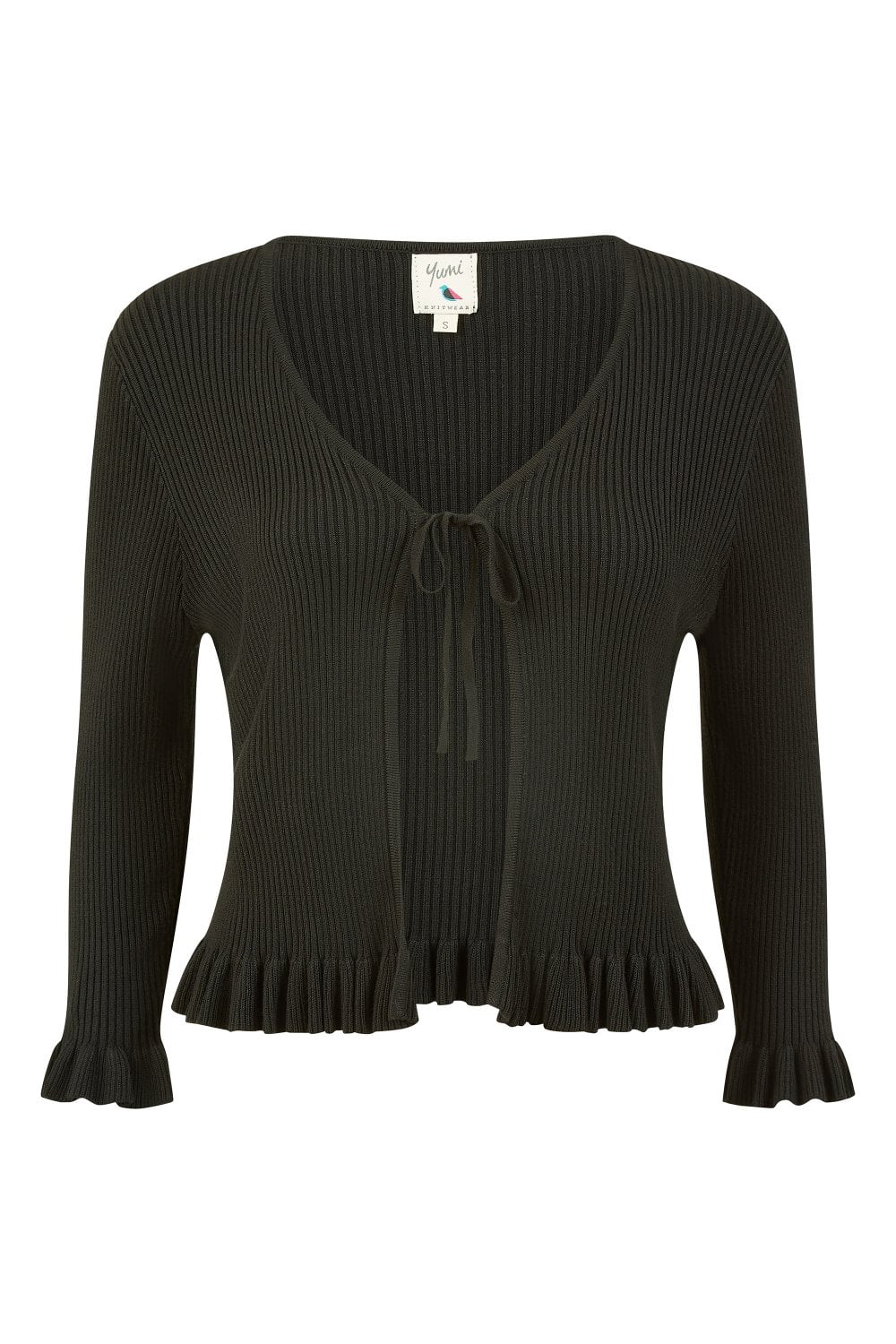 Yumi Black Tie Up Ribbed Cardigan With Frill Hem Yumi