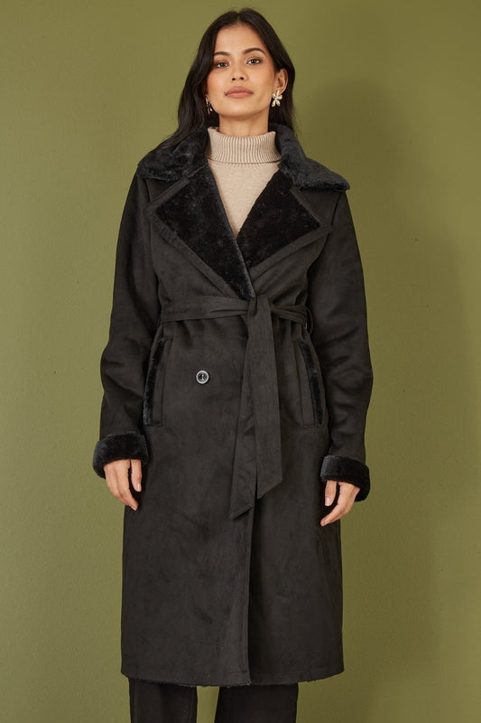 Yumi Black Trench Coat With Faux Fur Lining Yumi