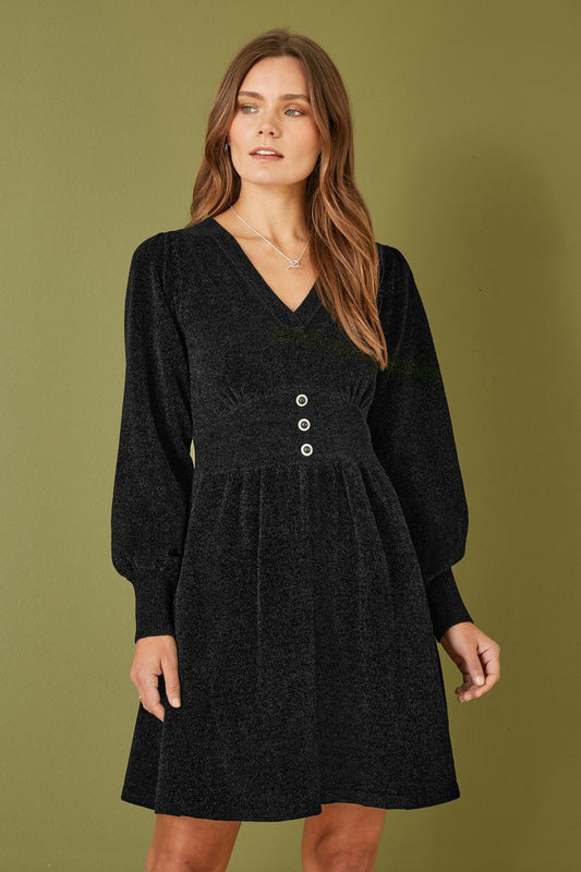 Yumi Black V Neck Empire Line Knitted Skater Dress Yumi