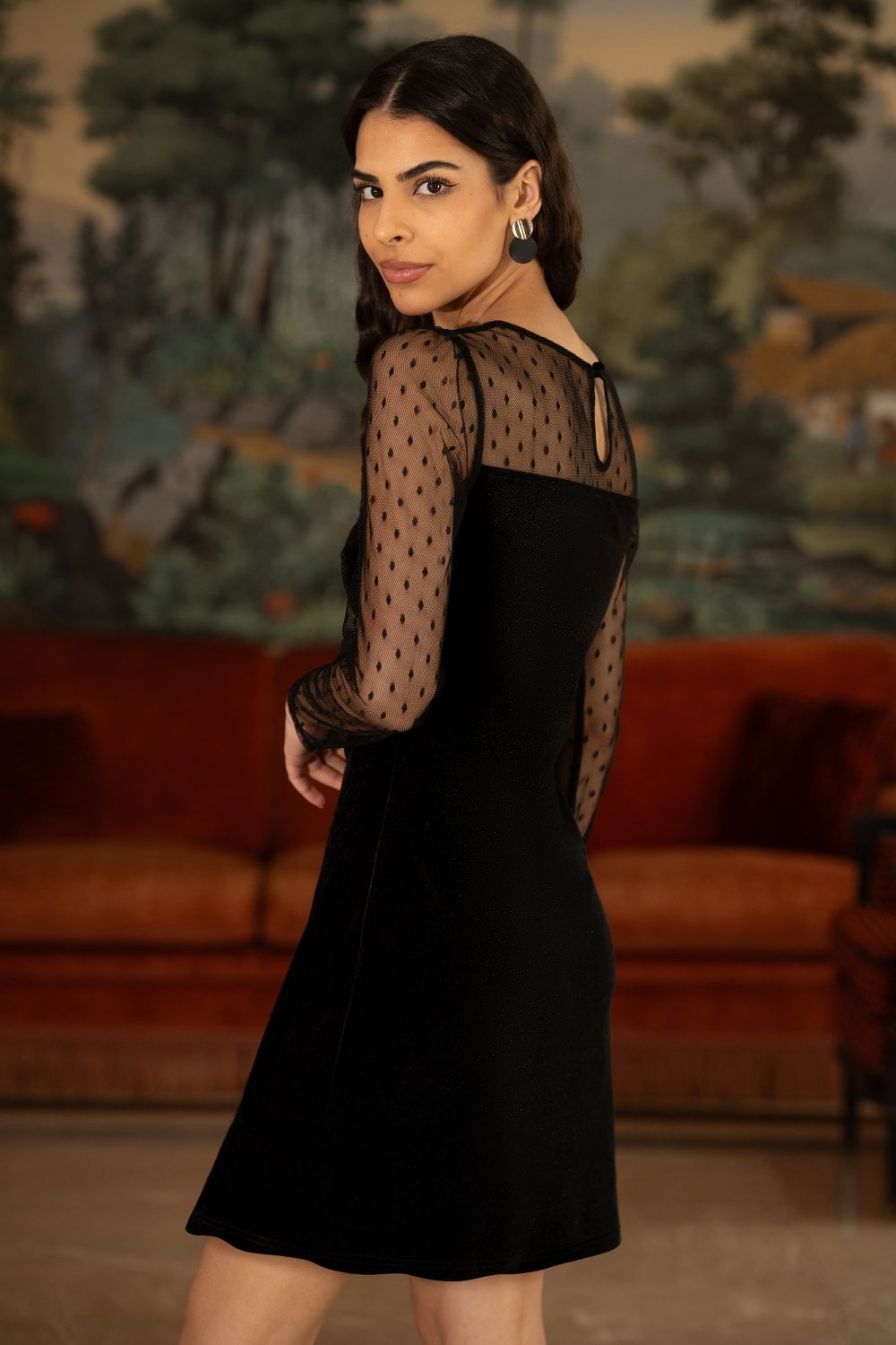 Yumi Black Velvet Dress With Sheer Long Sleeves Yumi