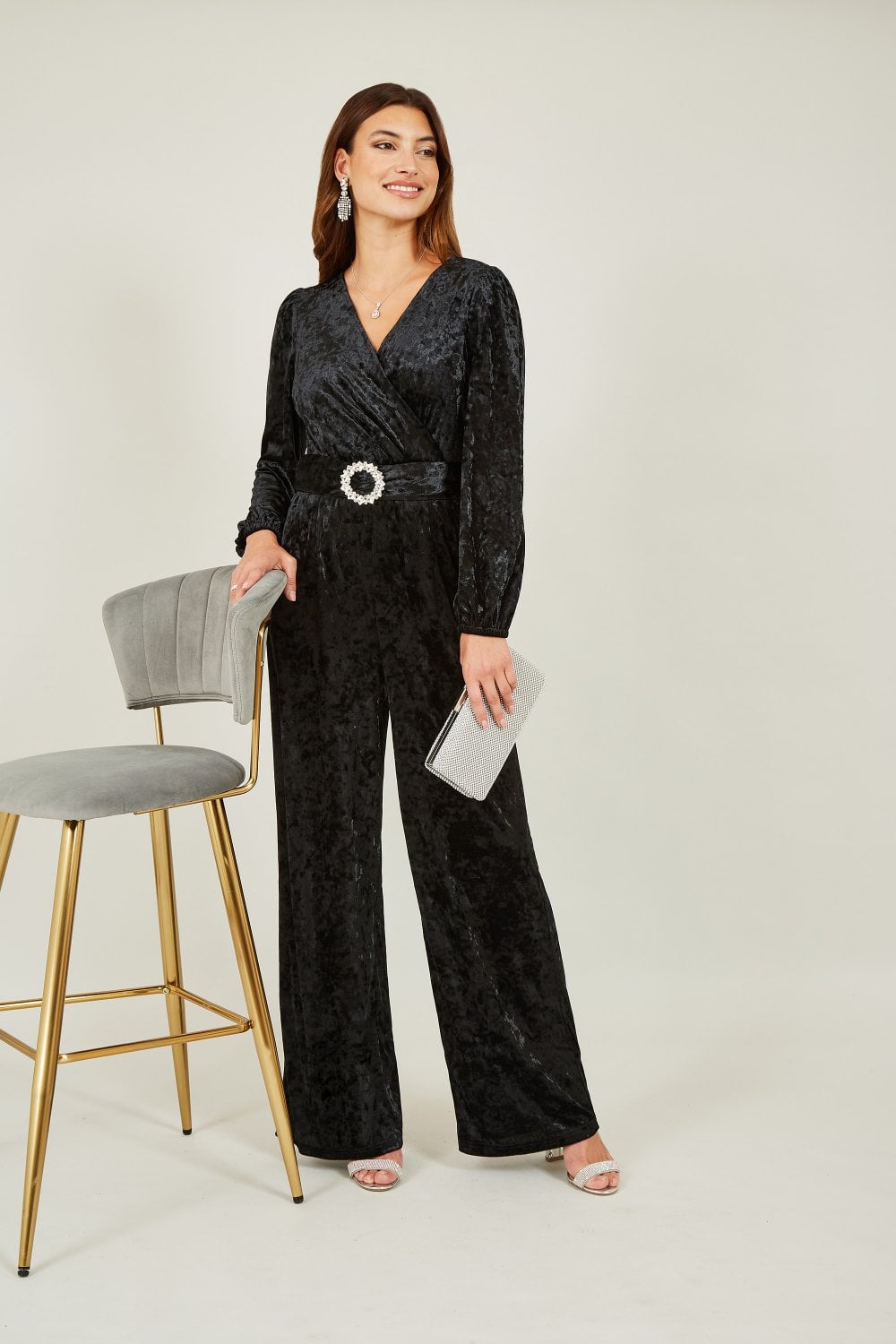 Yumi Black Velvet Long sleeve Jumpsuit With DiamantÃ© Belt Yumi