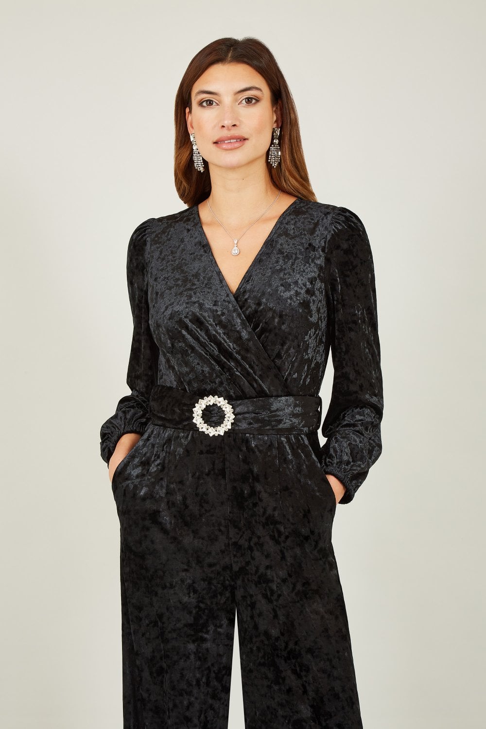 Yumi Black Velvet Long sleeve Jumpsuit With DiamantÃ© Belt Yumi