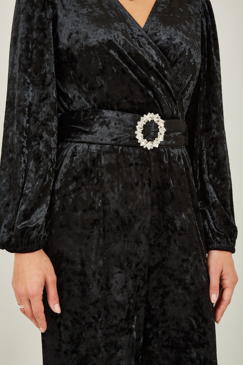 Yumi Black Velvet Long sleeve Jumpsuit With DiamantÃ© Belt Yumi