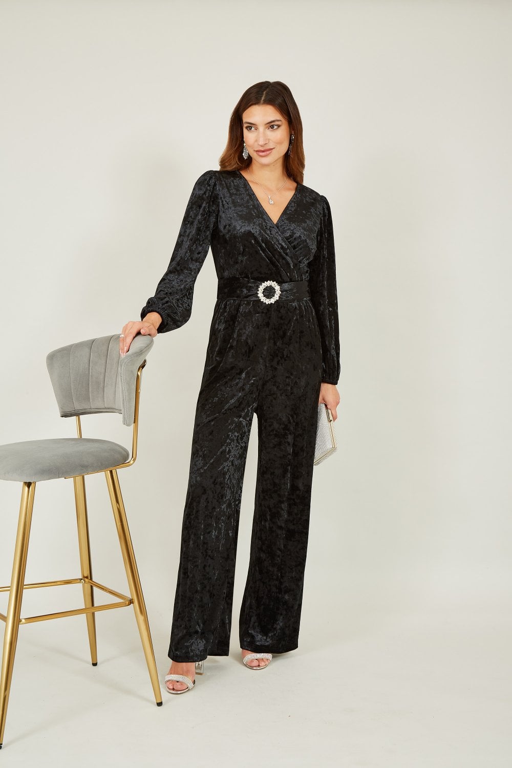 Yumi Black Velvet Long sleeve Jumpsuit With DiamantÃ© Belt Yumi