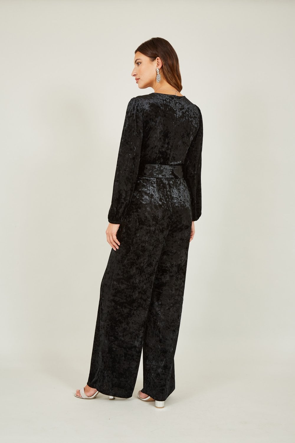 Yumi Black Velvet Long sleeve Jumpsuit With DiamantÃ© Belt Yumi