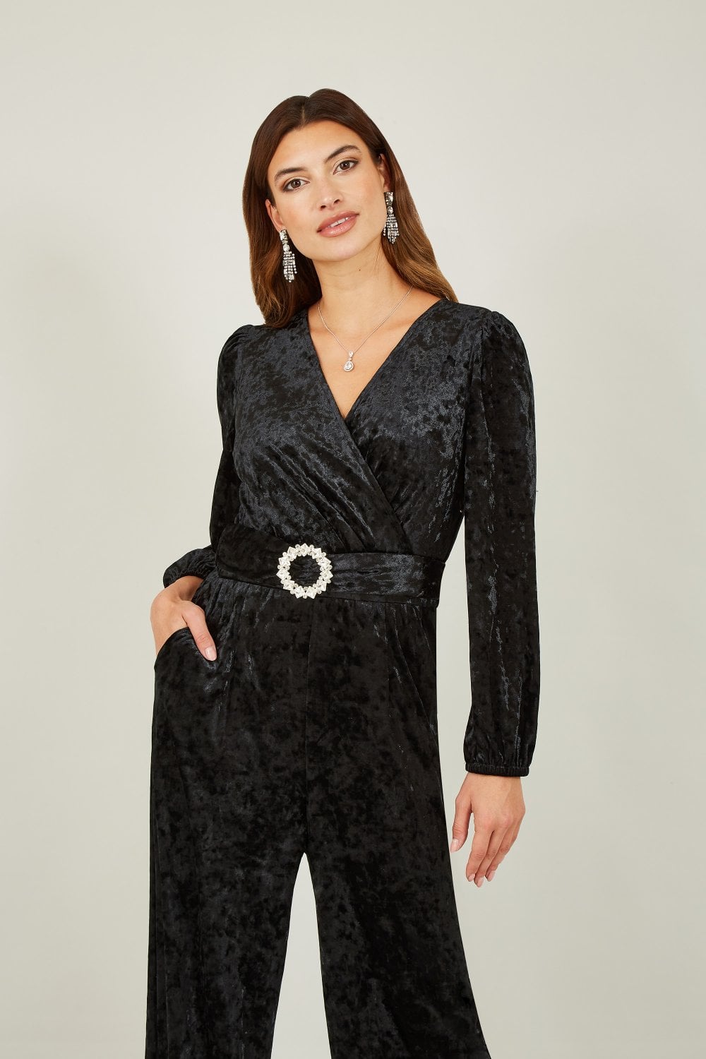 Yumi Black Velvet Long sleeve Jumpsuit With DiamantÃ© Belt Yumi