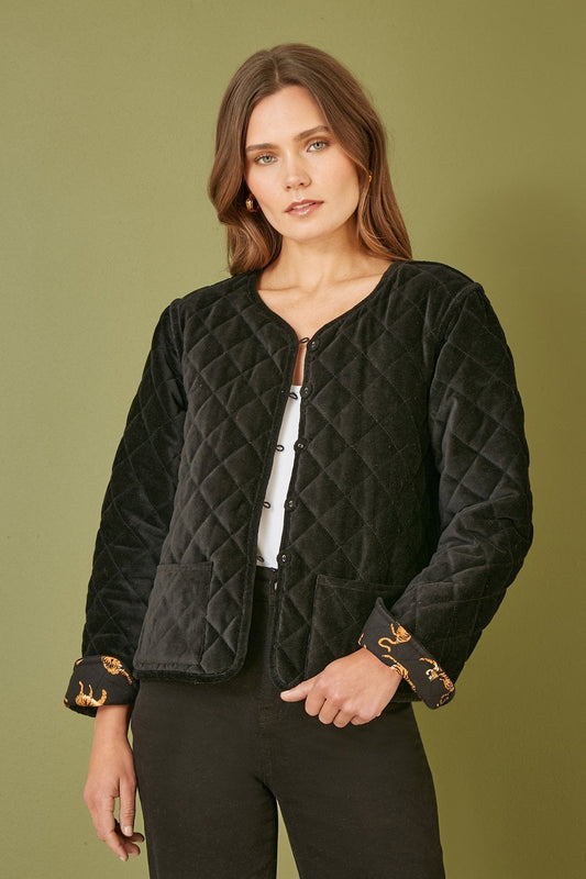 Yumi Black Velvet Quilted Jacket With Reversible Leopard Lining Yumi