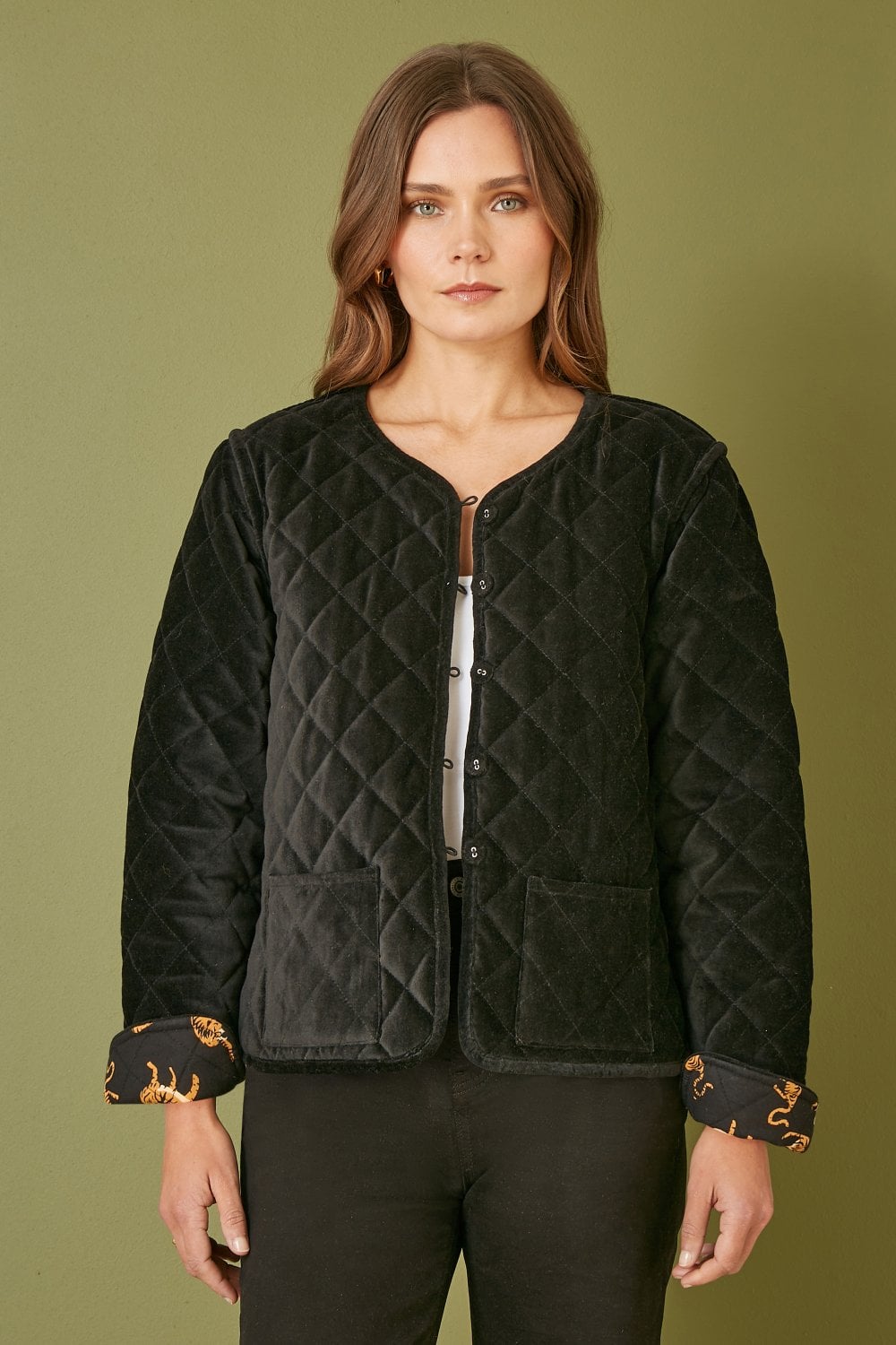 Yumi Black Velvet Quilted Jacket With Reversible Leopard Lining Yumi