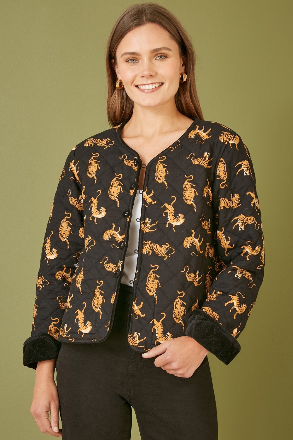 Yumi Black Velvet Quilted Jacket With Reversible Leopard Lining Yumi