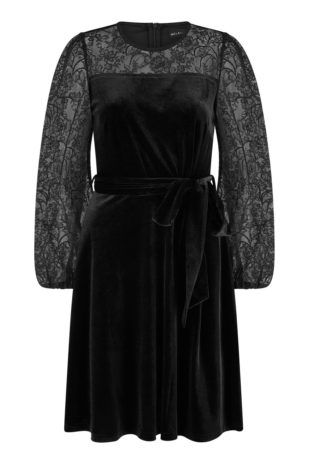 Yumi Black Velvet Skater Dress With Lace Sleeves Yumi