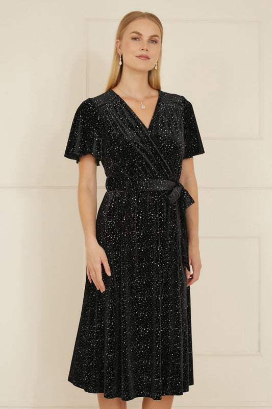 Yumi Black Velvet Sparkle Wrap Midi Dress Yumi