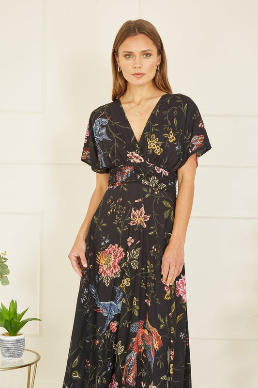 Yumi Black Viscose Bird and Floral Print Kimono Midi Dress Yumi