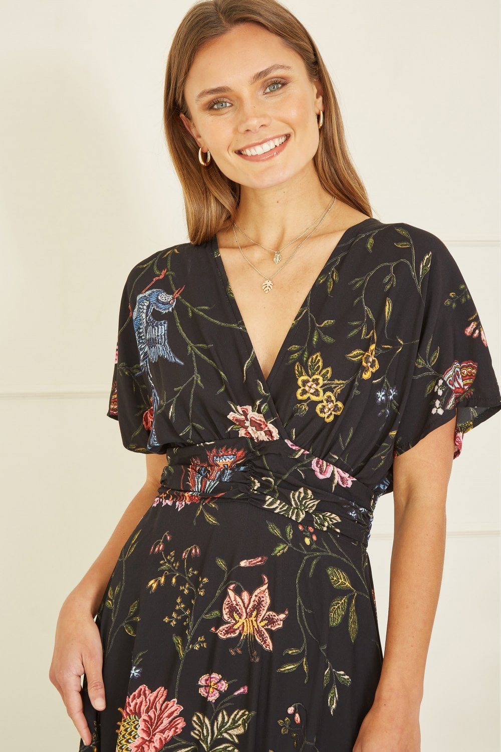 Yumi Black Viscose Bird and Floral Print Kimono Midi Dress Yumi