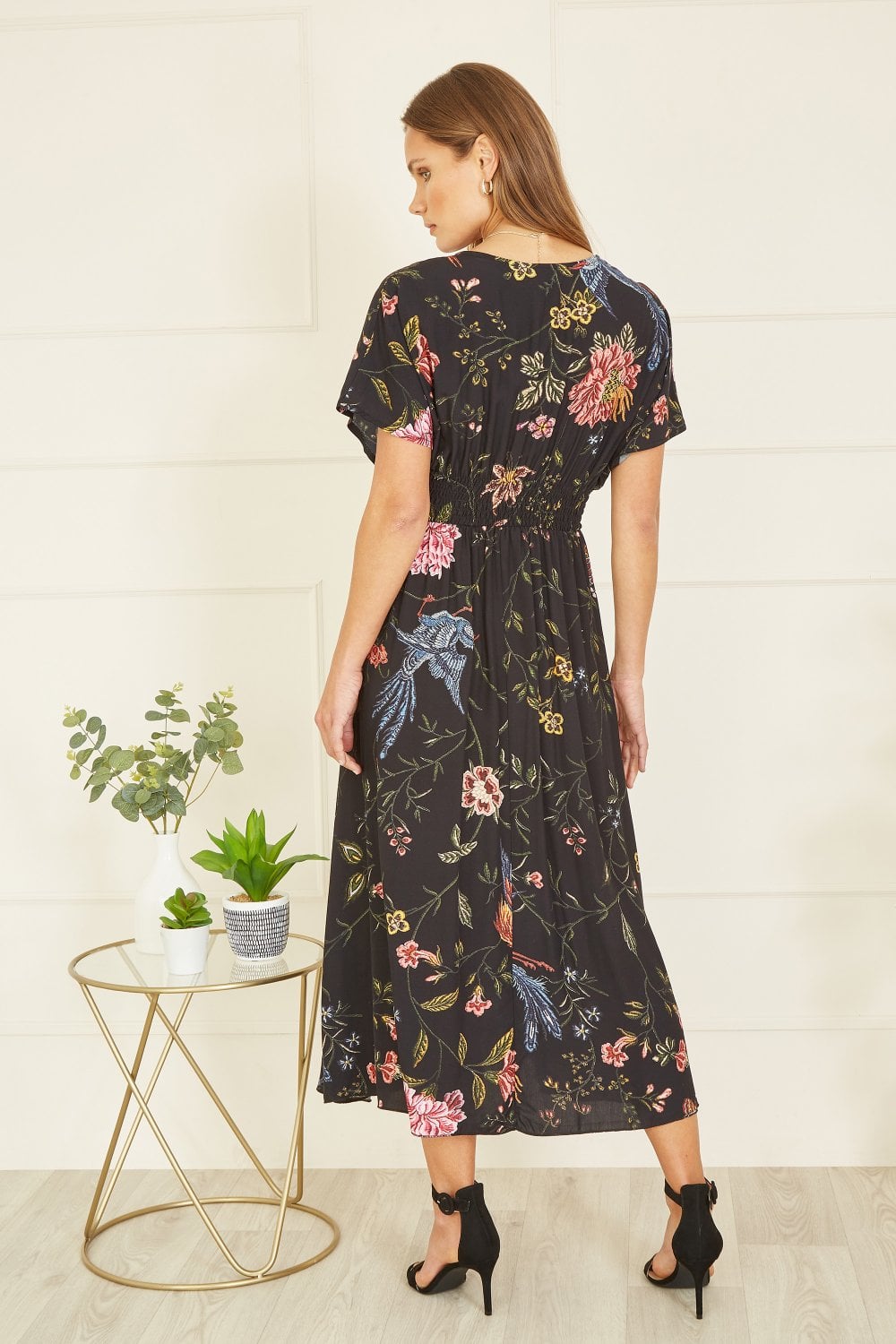 Yumi Black Viscose Bird and Floral Print Kimono Midi Dress Yumi