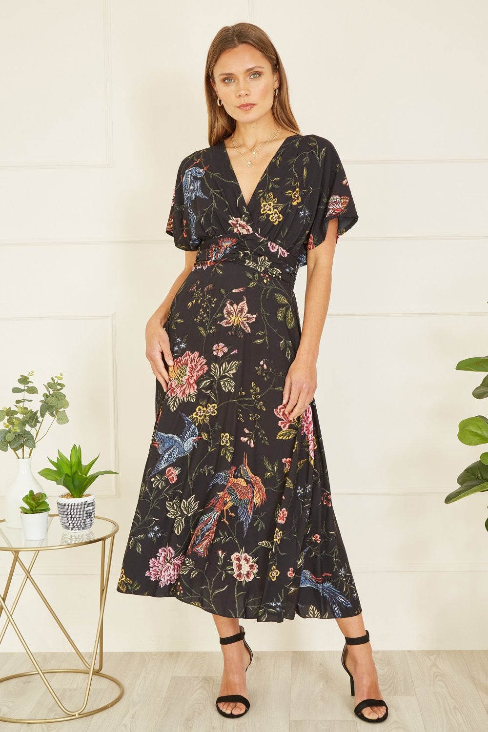 Yumi Black Viscose Bird and Floral Print Kimono Midi Dress Yumi