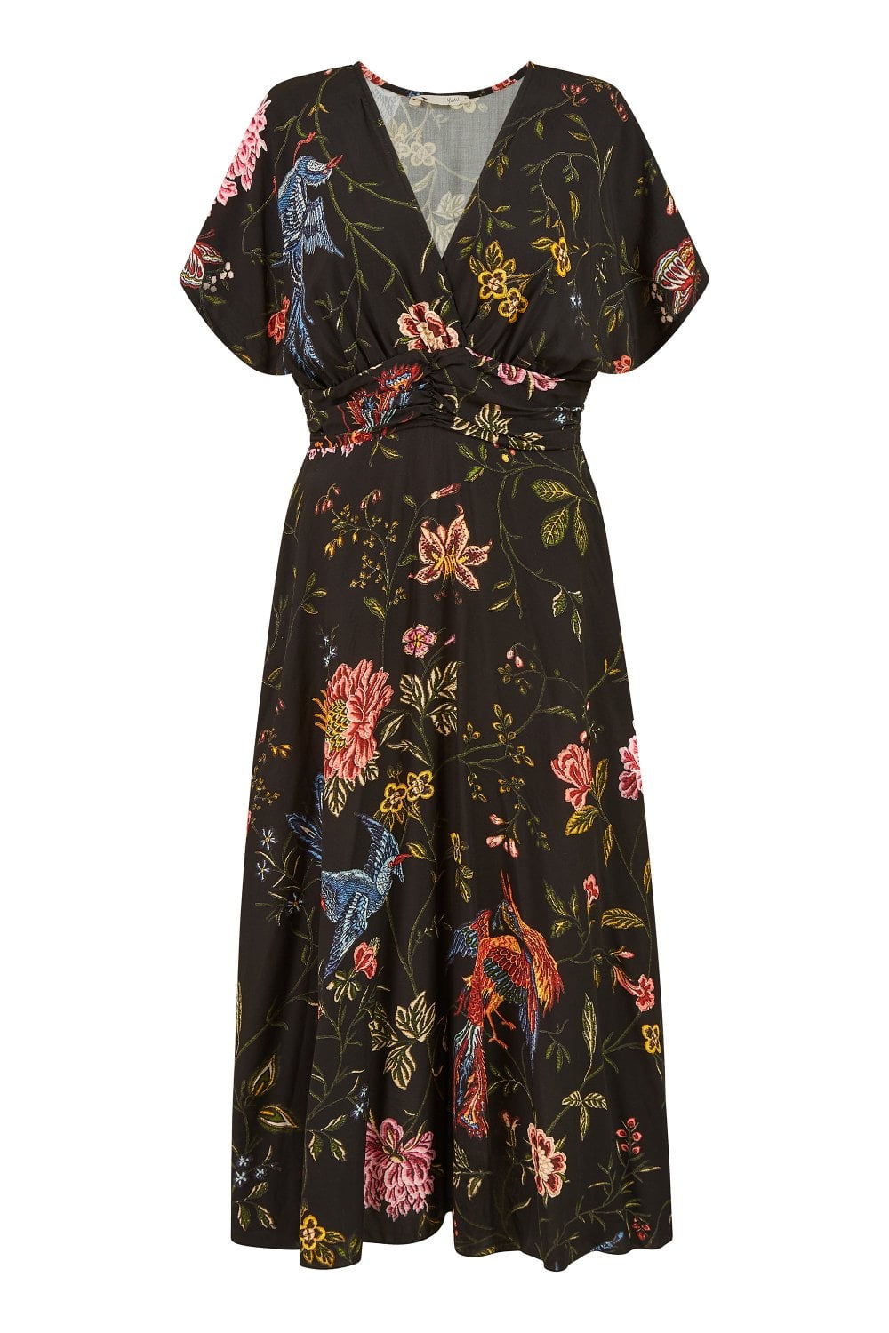 Yumi Black Viscose Bird and Floral Print Kimono Midi Dress Yumi