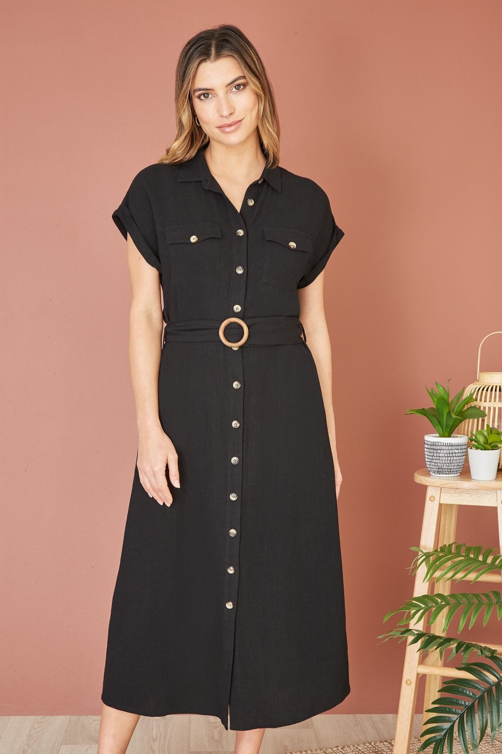 Yumi Black Viscose Linen Look Midi Shirt Dress With Wooden Belt Yumi