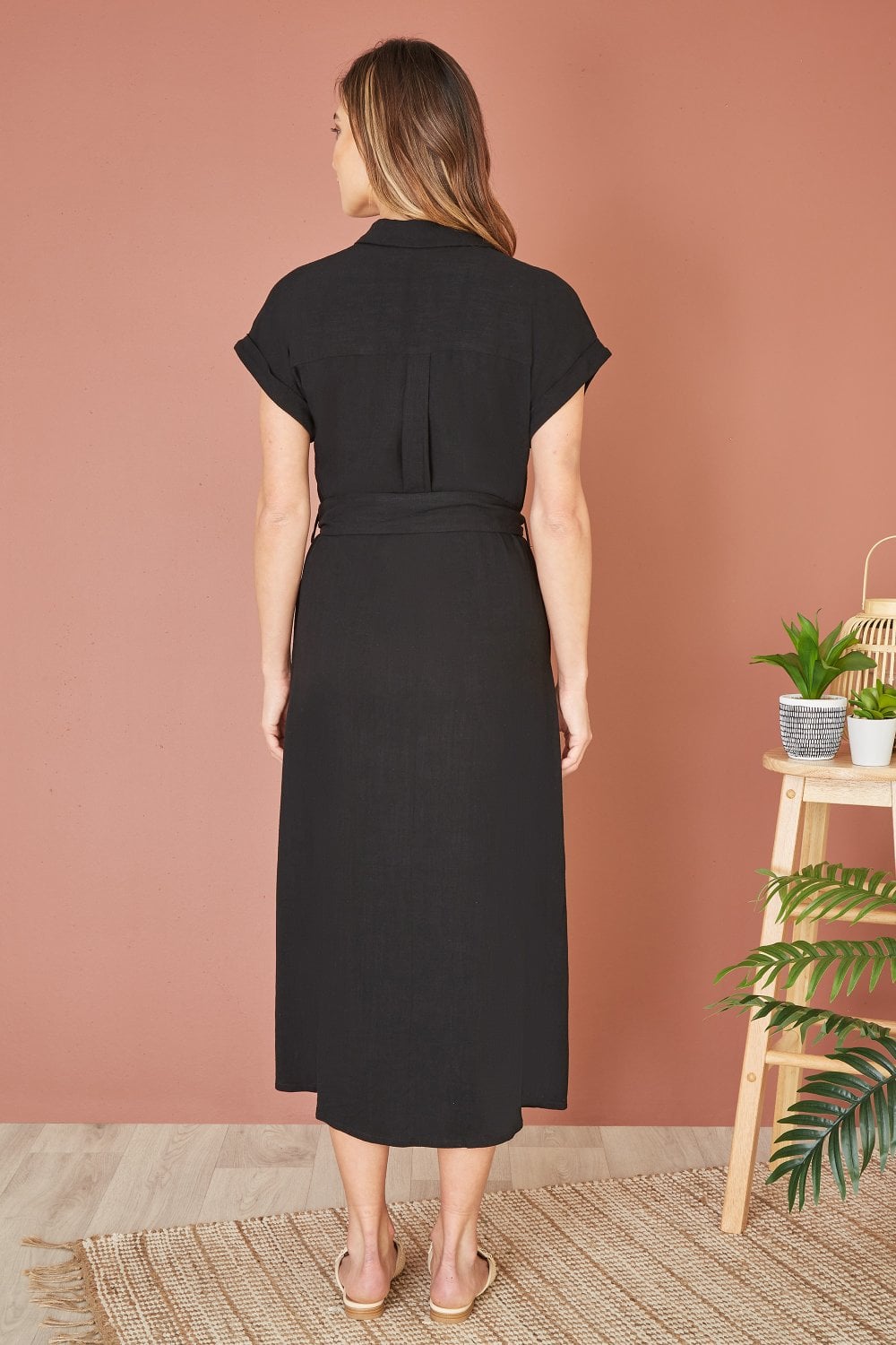 Yumi Black Viscose Linen Look Midi Shirt Dress With Wooden Belt Yumi