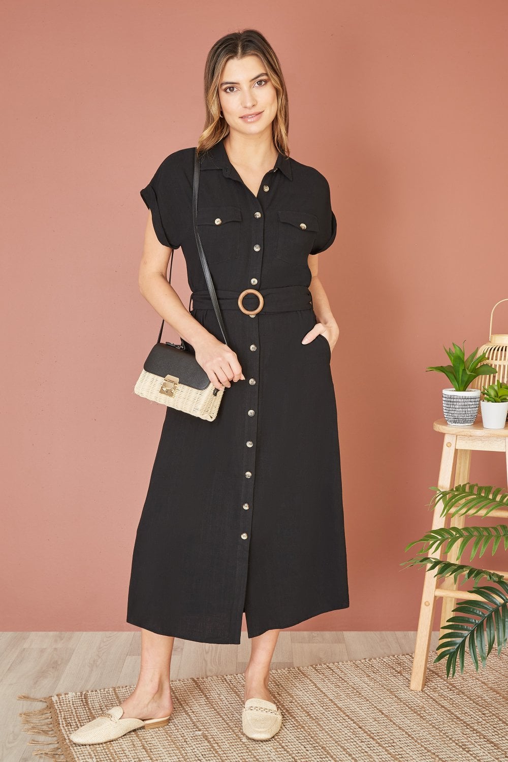 Yumi Black Viscose Linen Look Midi Shirt Dress With Wooden Belt Yumi