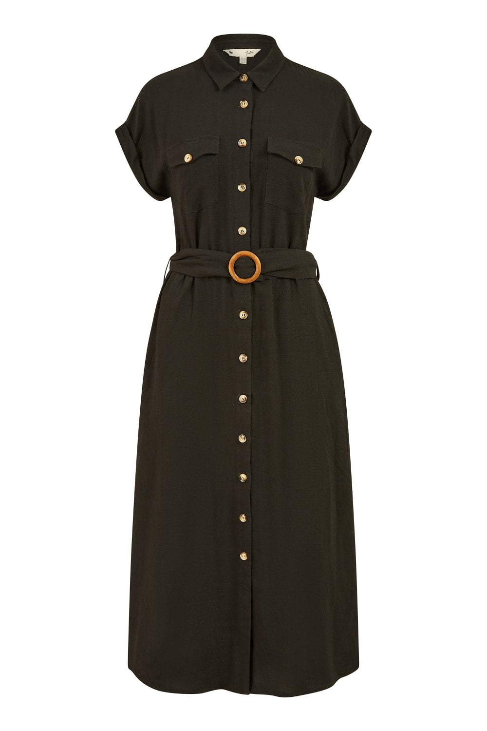 Yumi Black Viscose Linen Look Midi Shirt Dress With Wooden Belt Yumi