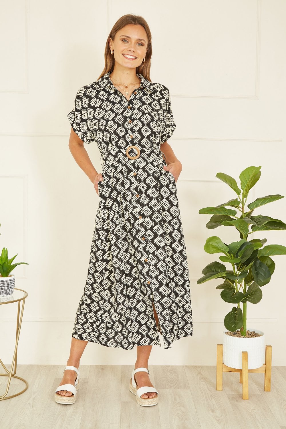 Yumi Black Viscose Midi Shirt Dress With Matching Belt Yumi