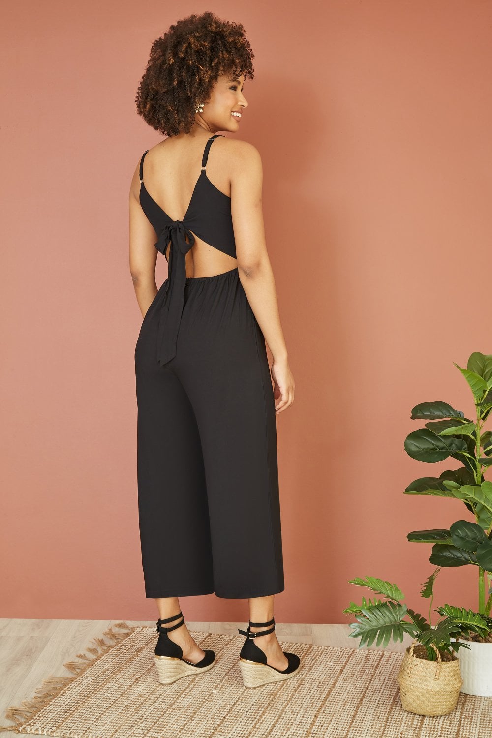 Yumi Black Viscose Tie Back Jumpsuit With Pockets Yumi