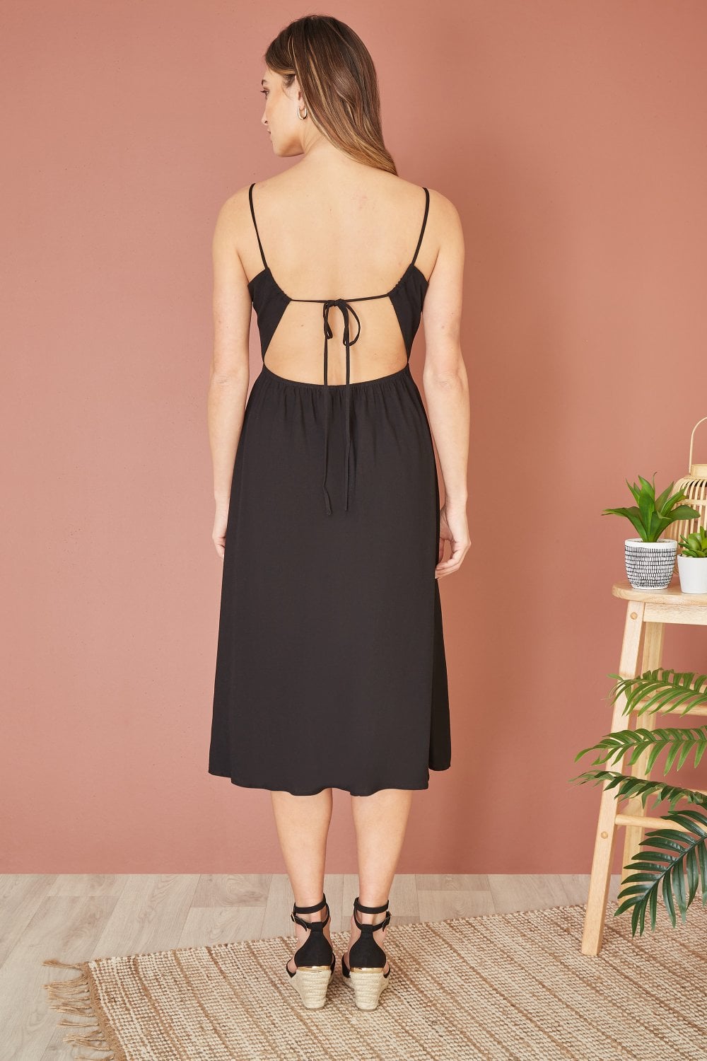 Yumi Black Viscose Tie Back Midi Sun Dress Yumi