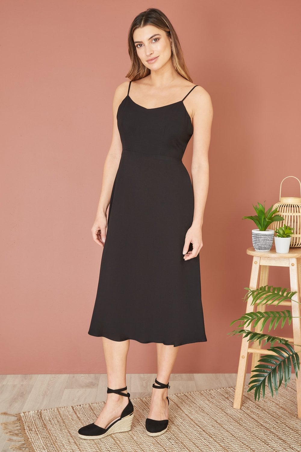 Yumi Black Viscose Tie Back Midi Sun Dress Yumi