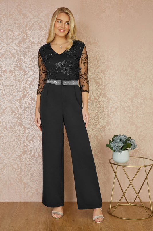 Yumi Black Wide Leg Trousers With Diamante Waistband Yumi