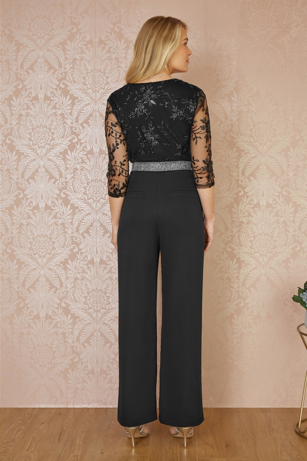 Yumi Black Wide Leg Trousers With Diamante Waistband Yumi