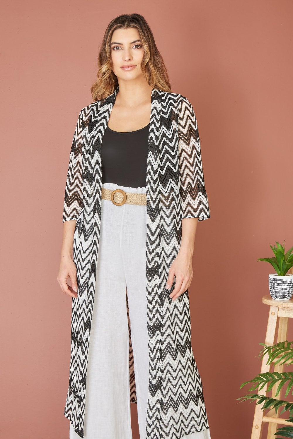 Yumi Black Zig Zag Crochet Long Knitted Kimono Yumi