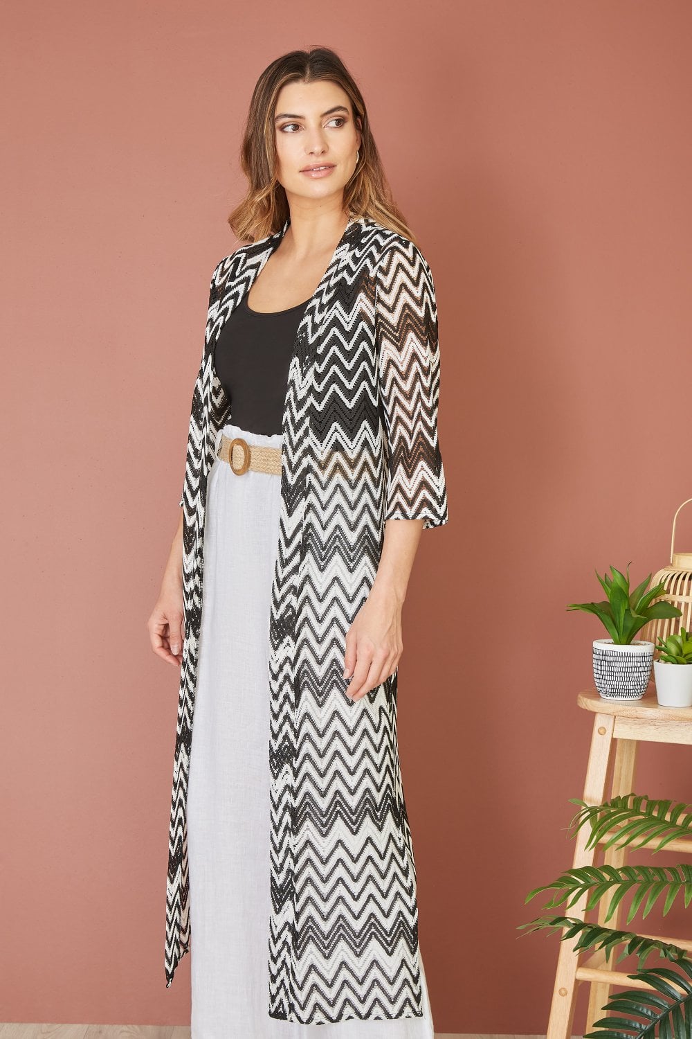 Yumi Black Zig Zag Crochet Long Knitted Kimono Yumi