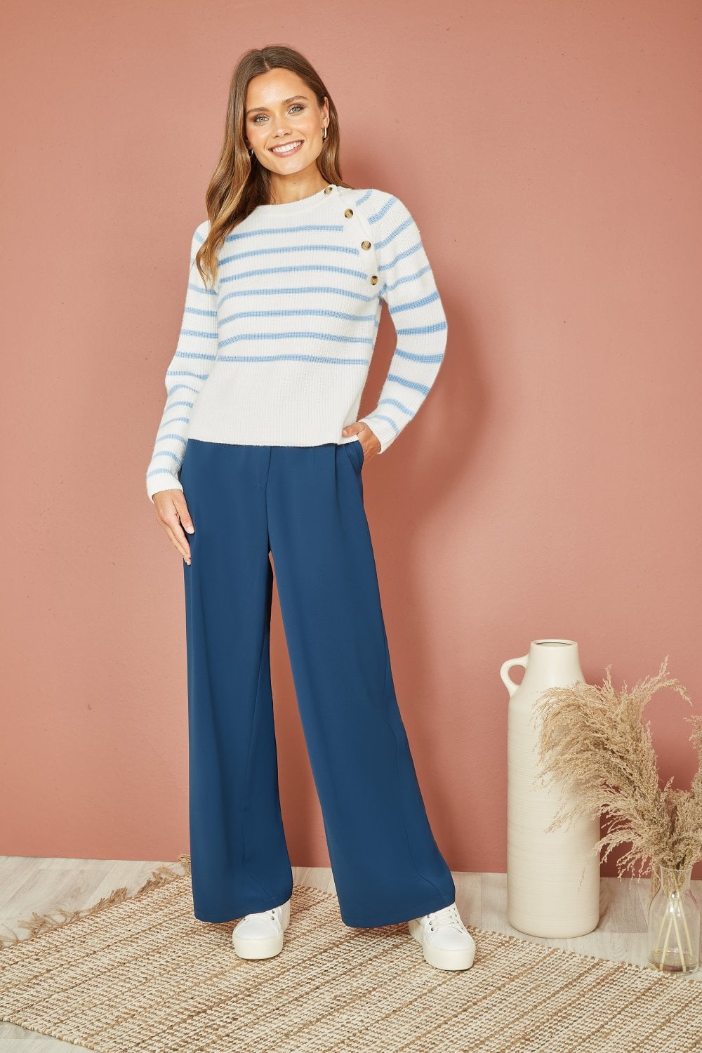 Yumi Blue And White Stripe Jumper With Button Detail Yumi