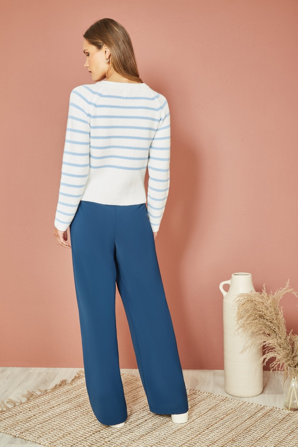 Yumi Blue And White Stripe Jumper With Button Detail Yumi