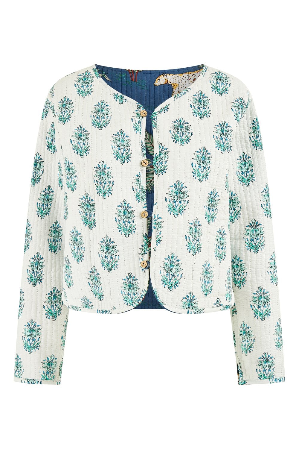 Yumi Blue Animal Print Reversible Cotton Cropped Quilted Jacket Yumi