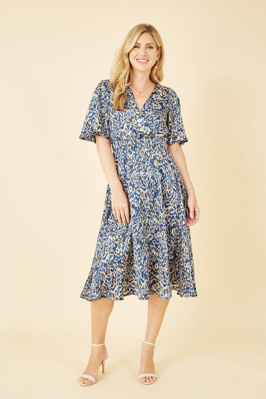 Yumi Blue Animal Print Wrap Midi Skater Dress Yumi